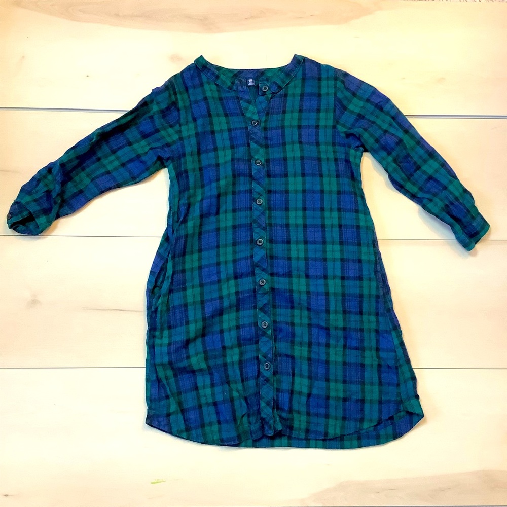 Girl Kids Uniqlo buttoned down Plaid Flannel Gingham green navy dress 5/6